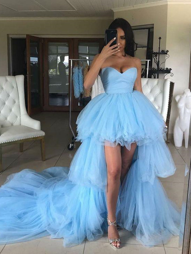 High Low Strapless Light Blue Tulle Long Prom Dresses with Train, High Low Light Blue Formal Evening Dresses High Low Strapless Light Blue Tulle Long Prom Dresses with Train, High Low Light Blue Formal Evening Dresses