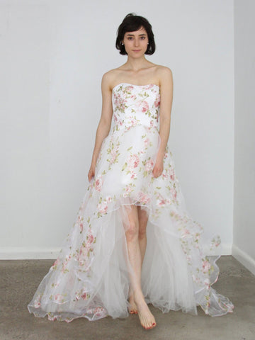 High Low Strapless White Floral Lace Prom Dresses, Whtie 3D Flower Lace Formal Graduation Evening Dresses