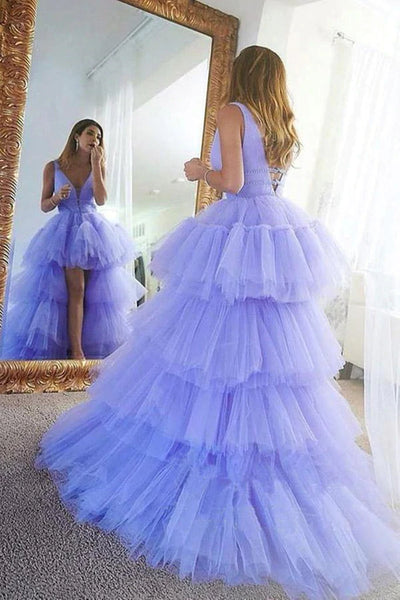 High Low V Neck Lilac Tulle Layered Long Prom Dresses, High Low Purple Formal Evening Dresses SP2337