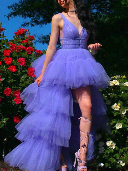 High Low V Neck Lilac Tulle Layered Long Prom Dresses, High Low Purple Formal Evening Dresses SP2337
