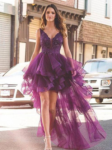 High Low V Neck Purple Lace Long Prom Dresses, High Low Purple Formal Evening Dresses