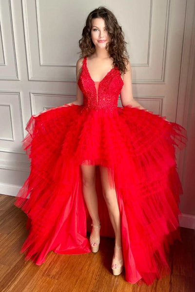 High Low V Neck Red Lace Long Prom Dresses, Backless Red Lace Formal Dresses, Red Lace Evening Dresses SP2272