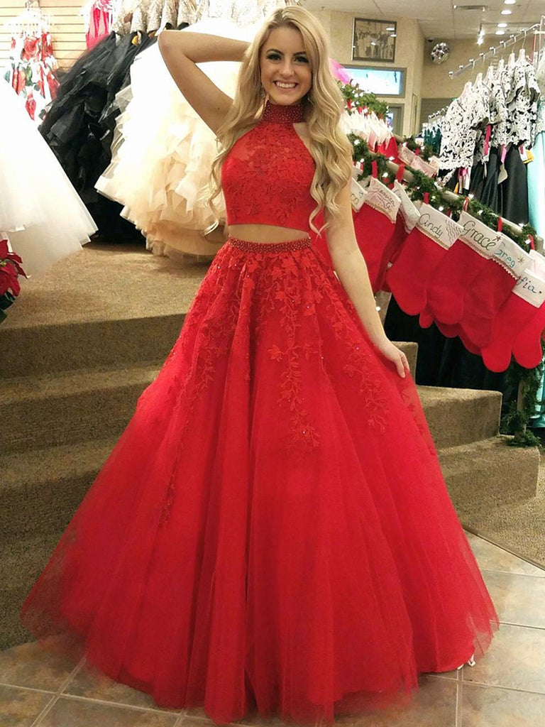 High Neck 2 Pieces Red Lace Long Prom Dresses, Two Pieces Red Lace Formal Dresses, Red Lace Evening Dresses High Neck 2 Pieces Red Lace Long Prom Dresses, Two Pieces Red Lace Formal Dresses, Red Lace Evening Dresses