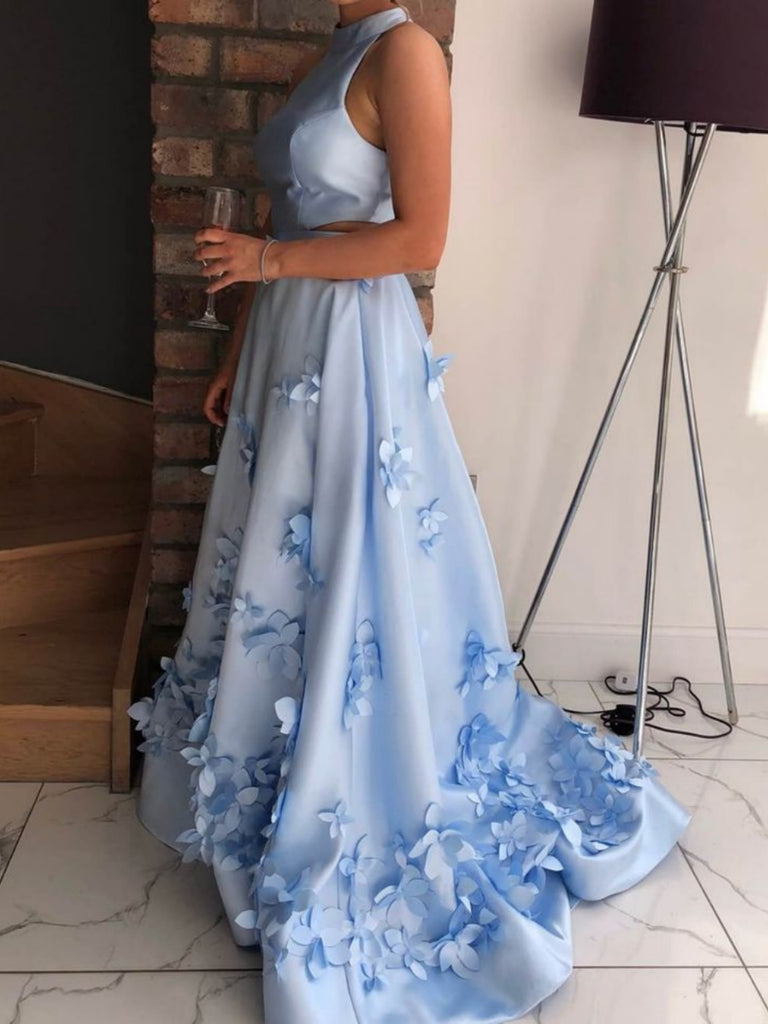 High Neck Two Pieces Blue Prom Dresses Long, 2 Pieces Blue Floral Formal Dresses, Blue Evening Dresses SP2673