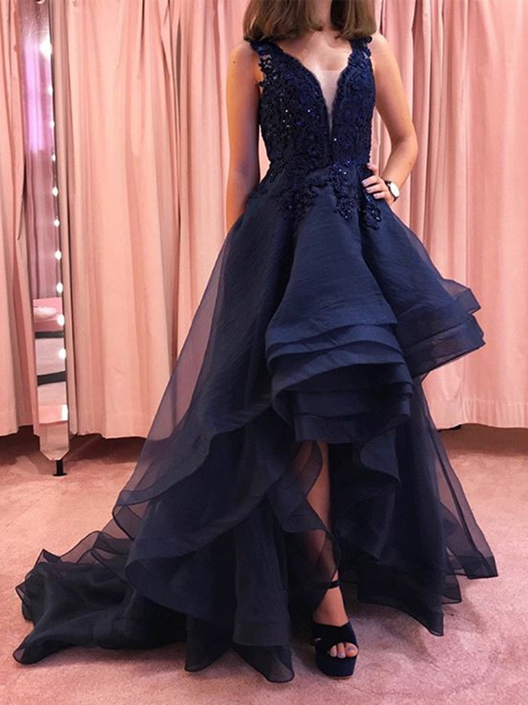High Low V Neck Lace Navy Blue Long Prom Dresses, V Neck High Low Lace Dark Blue Formal Dresses, High Low Navy Blue Lace Evening Dresses