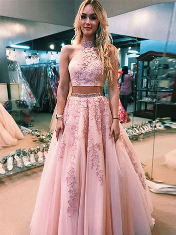 High Neck Two Pieces Lace Appliques Pink Prom Dresses, Pink Lace Formal Dresses, Two Pieces Pink Evening Dresses