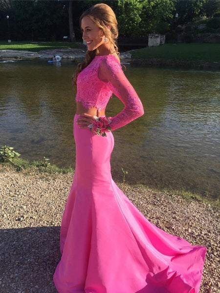 Hot Pink Long Sleeves Mermaid Two Pieces Lace Prom Dresses, Long Sleeves Mermaid Hot Pink Formal Dresses, Two Pieces Mermaid Hot Pink Evening Dresses