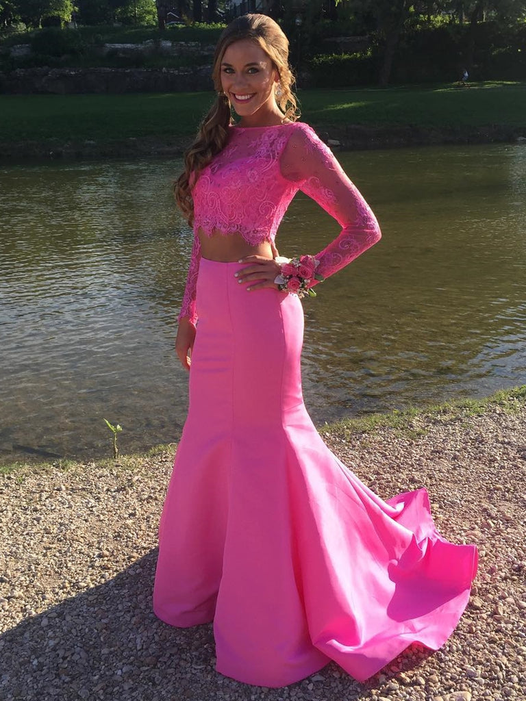 Hot Pink Long Sleeves Mermaid Two Pieces Lace Prom Dresses, Long Sleeves Mermaid Hot Pink Formal Dresses, Two Pieces Mermaid Hot Pink Evening Dresses Hot Pink Long Sleeves Mermaid Two Pieces Lace Prom Dresses, Long Sleeves Mermaid Hot Pink Formal Dresses, Two Pieces Mermaid Hot Pink Evening Dresses