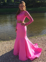 jewelry to wear with hot pink dress Long Sleeves Mermaid Two Pieces Lace Prom Dresses, Long Sleev – Shiny Party Changing Stations
