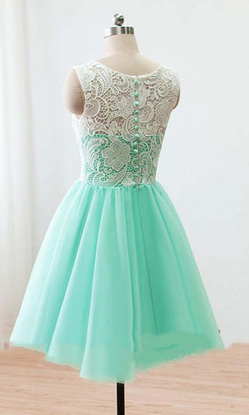 A Line Round Neck Short Green/Yellow/Blue Lace Prom Dress, Short Lace Bridesmaid Dress, Homecoming Dress