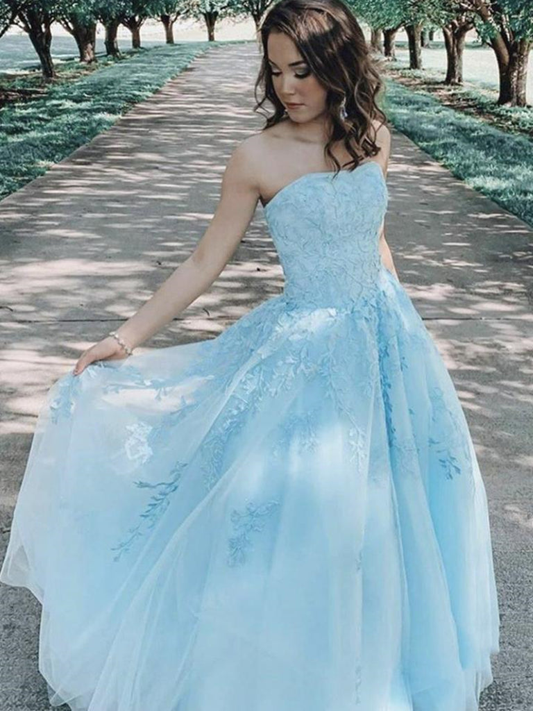 Light Blue A Line Strapless Lace Appliques Long Prom Dresses, Light Bl Shiny Party Light Blue A Line Strapless Lace Appliques Long Prom Dresses, Light Bl Shiny Party