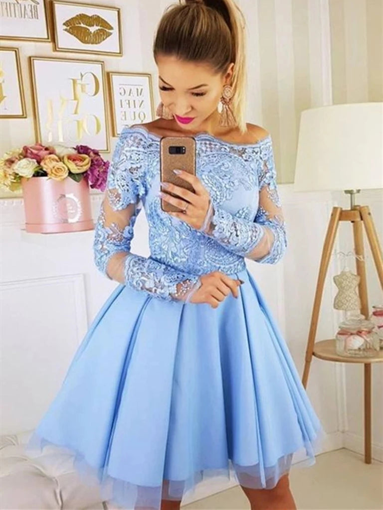Light Blue Long Sleeves Lace Short Prom Homecoming Dresses, Long Sleeves Lace Light Blue Formal Graduation Evening Dresses