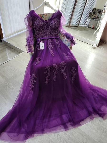 Long Sleeves Beaded Purple Lace Long Prom Dresses, Purple Lace Formal Dresses, Purple Evening Dresses
