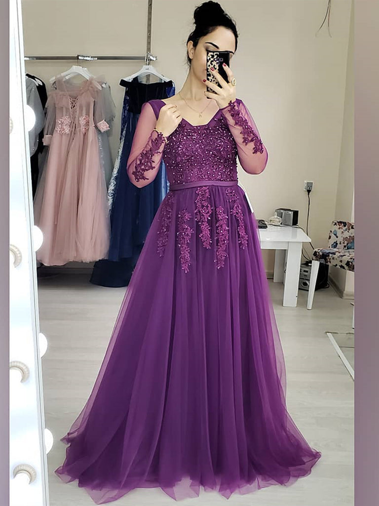 Long Sleeves Beaded Purple Lace Long Prom Dresses, Purple Lace Formal Shiny Party Long Sleeves Beaded Purple Lace Long Prom Dresses, Purple Lace Formal Shiny Party