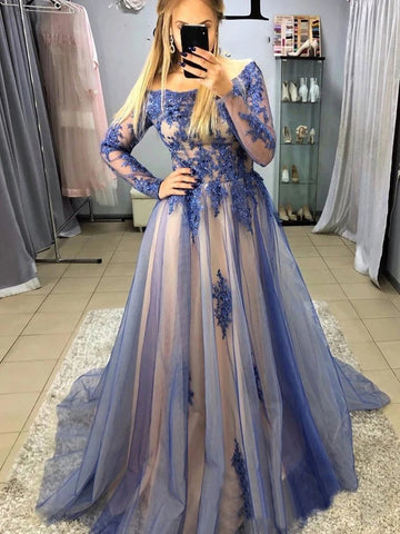 Long Sleeves Lace Appliques Light Champagne Tulle Long Prom Dresses Wedding  Dresses, Champagne Lace Formal Dresses, Evening Dresses
