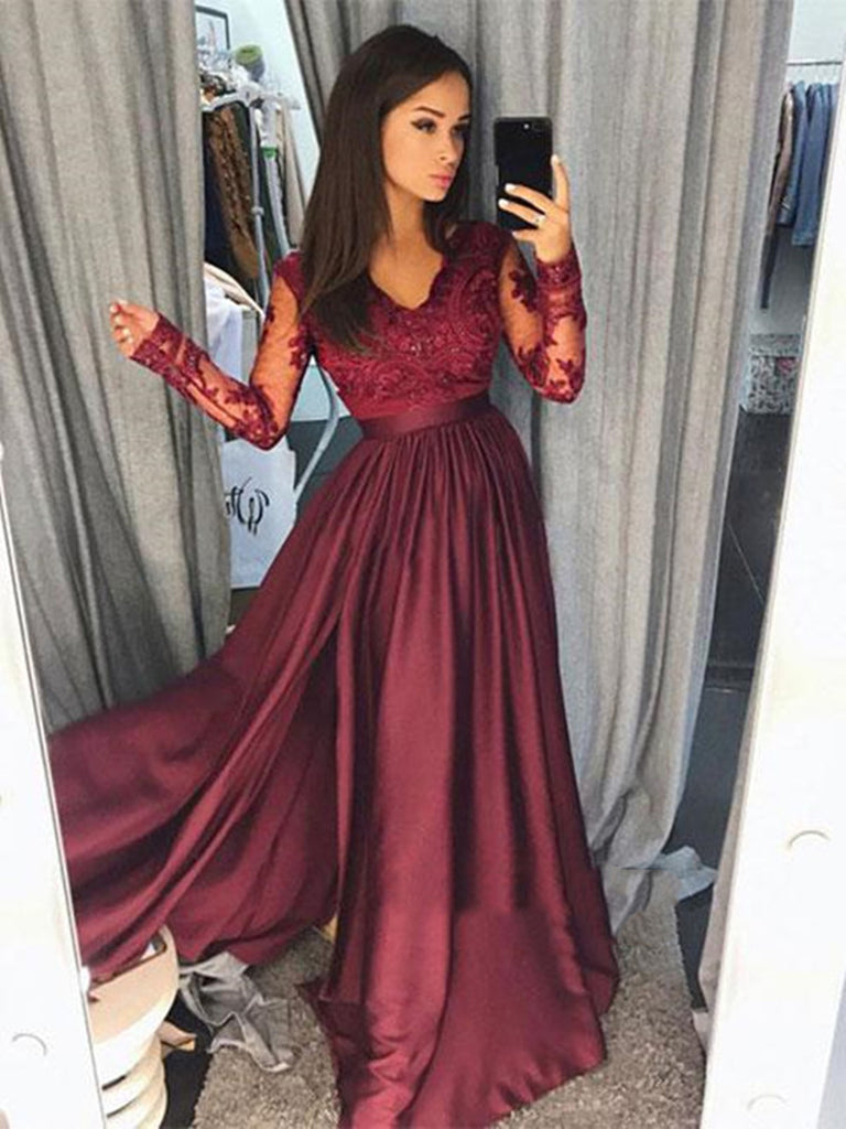 Long Sleeves Burgundy Lace Prom Dress, Burgundy Formal Dress, Lace Evening Dress