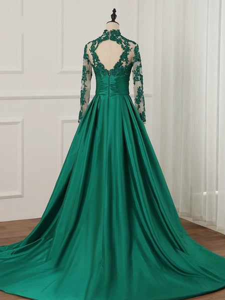 Long Sleeves High Neck Green Lace Prom Dresses, Green Lace Formal Dresses, Green Evening Dresses SP2178
