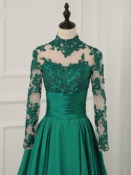 Long Sleeves High Neck Green Lace Prom Dresses, Green Lace Formal Dresses, Green Evening Dresses SP2178