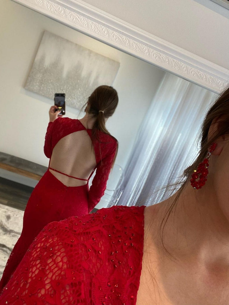 Long Sleeves Mermaid Red Lace Prom Dresses, Long Beaded Red Lace Forma Shiny Party Long Sleeves Mermaid Red Lace Prom Dresses, Long Beaded Red Lace Forma Shiny Party