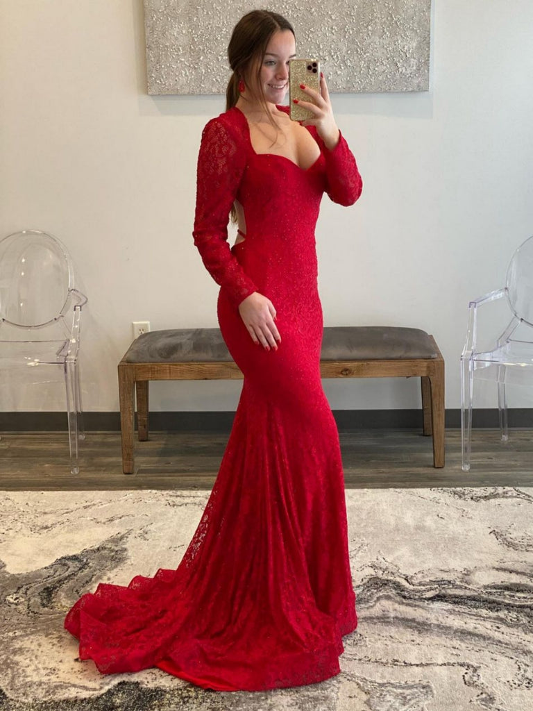 Long Sleeves Mermaid Red Lace Prom Dresses, Long Beaded Red Lace Formal Dresses, Red Evening Dresses SP2498 Long Sleeves Mermaid Red Lace Prom Dresses, Long Beaded Red Lace Formal Dresses, Red Evening Dresses SP2498