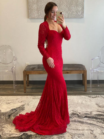 hhdy518 Elegant Red Gold Applique Mermaid Red Fishtail Prom Dress with V-Neck and Long Sleeves for Special Occasions - Robe de Soiree287r