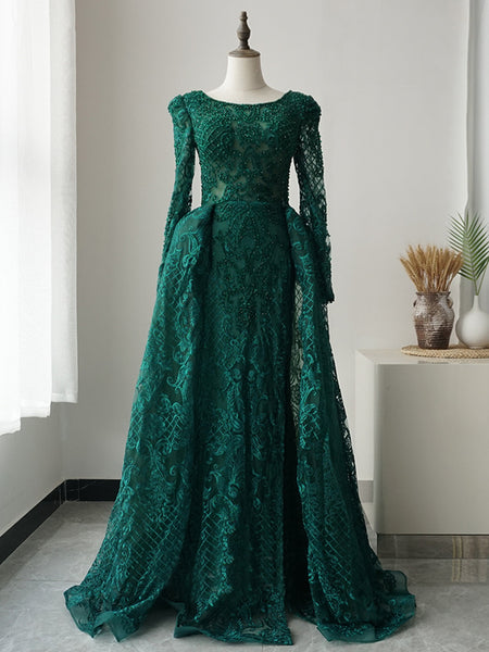 Long Sleeves Round Neck Green Lace Beaded Long Prom Dresses, Beaded Green Lace Formal Evening Dresses SP2116
