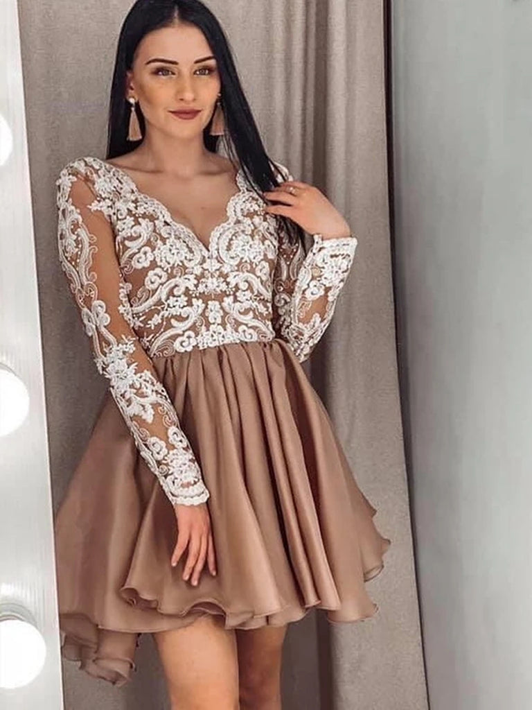Long Sleeves V Neck Short Champagne Lace Prom Dresses, Champagne Lace Shiny Party Long Sleeves V Neck Short Champagne Lace Prom Dresses, Champagne Lace Shiny Party