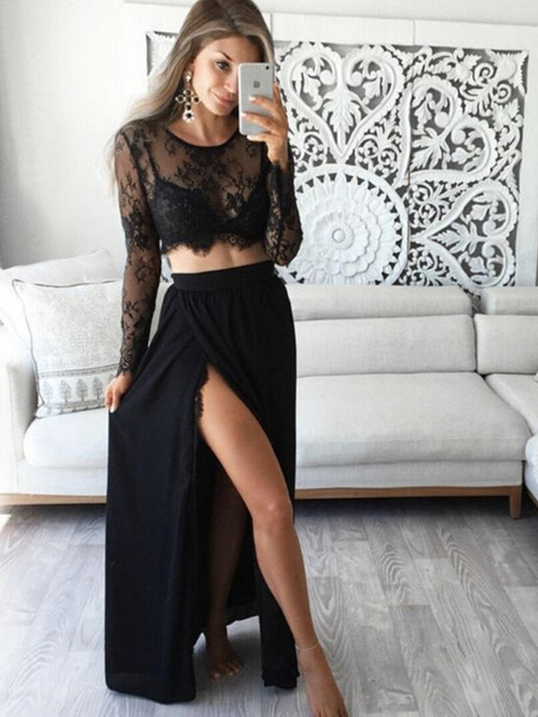 Long Sleeves 2 Pieces Lace Black Long Prom Dresses with High Slit, 2 P Shiny Party Long Sleeves 2 Pieces Lace Black Long Prom Dresses with High Slit, 2 P Shiny Party