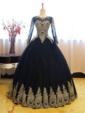 Long Sleeves Gold Appliques Long Lace-up Pink Black Ball Gown Prom Dresses, Formal Dresses, Evening Dresses