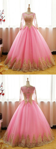 Long Sleeves Gold Appliques Long Lace-up Pink Black Ball Gown Prom Dresses, Formal Dresses, Evening Dresses