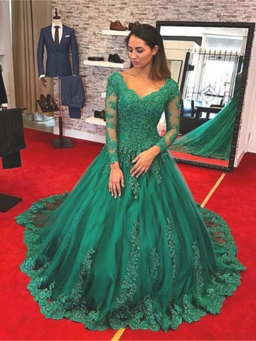 Long Sleeves Green Lace Prom Dresses With Beadings, Green Ball Gown, Formal Dresses
