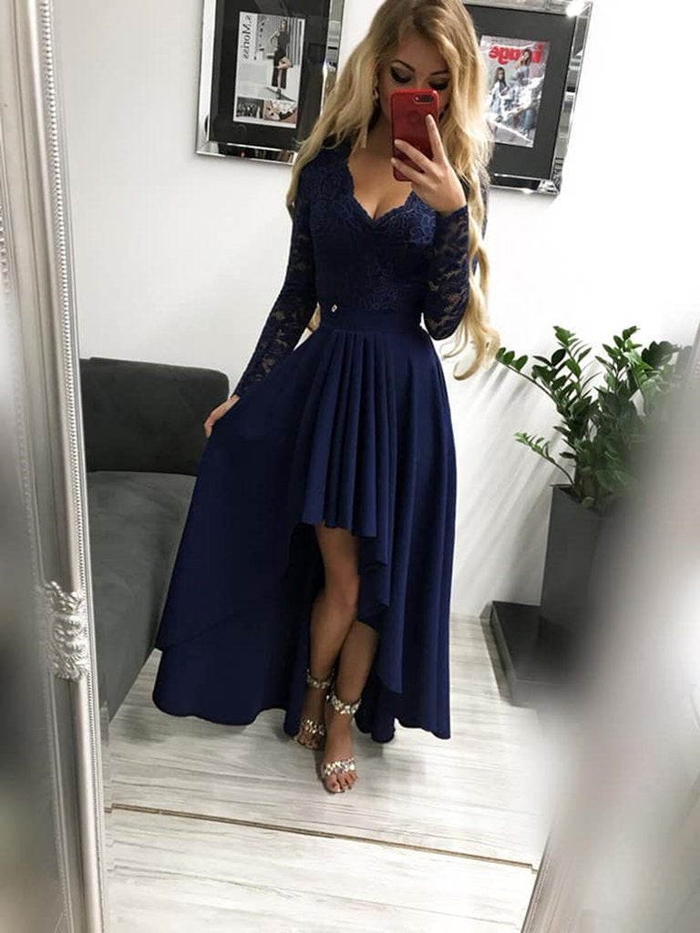 Long Sleeves High Low Burgundy/Navy Blue Lace Long Prom Dresses, Long – Shiny Party Long Sleeves High Low Burgundy/Navy Blue Lace Long Prom Dresses, Long – Shiny Party