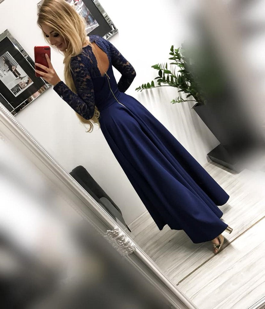 Long Sleeves High Low Burgundy/Navy Blue Lace Long Prom Dresses, Long Shiny Party Long Sleeves High Low Burgundy/Navy Blue Lace Long Prom Dresses, Long Shiny Party
