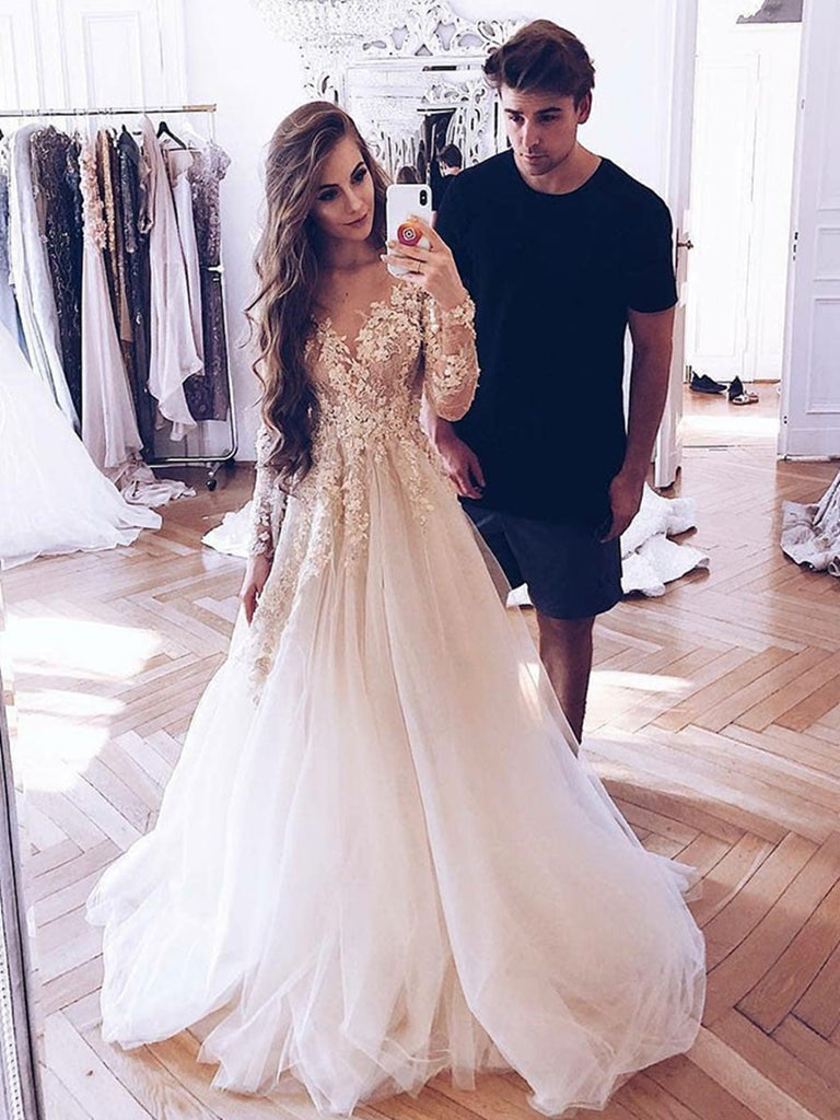 Long Sleeves Lace Appliques Light Champagne Tulle Long Prom