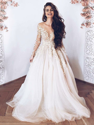 Long Sleeves Lace Appliques Light Champagne Tulle Long Prom Dresses Wedding Dresses, Champagne Lace Formal Dresses, Evening Dresses