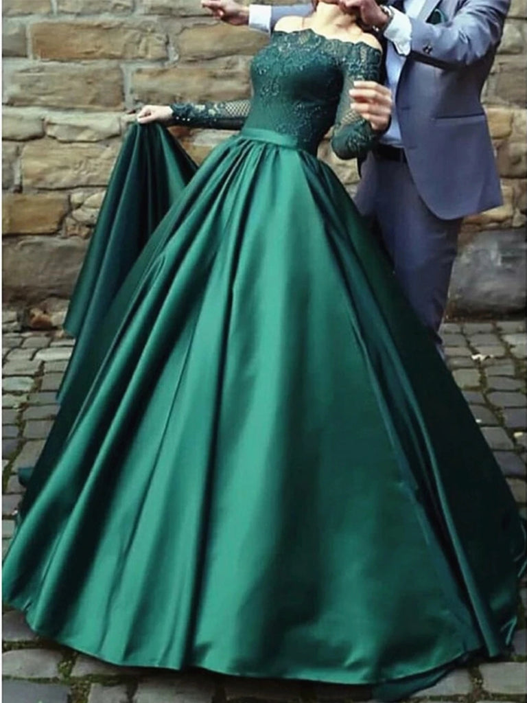 Long Sleeves Lace Emerald Green Prom Dresses, Emerald Green Lace Forma Shiny Party Long Sleeves Lace Emerald Green Prom Dresses, Emerald Green Lace Forma Shiny Party