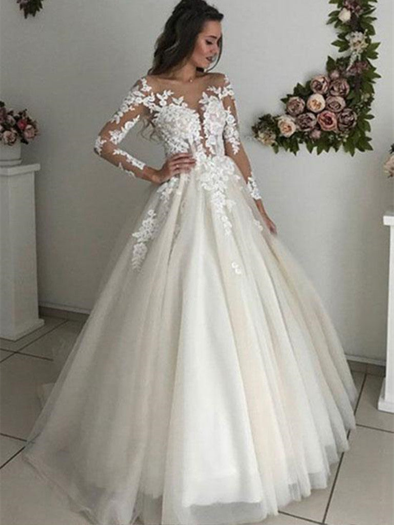 Sheer Long Sleeves Polka Dot A-Line Wedding Dress – HAREM's Brides