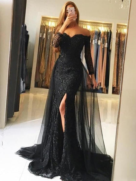 Long Sleeves Mermaid Black/Gray Lace Long Prom Dresses with Side Slit, Mermaid Lace Black/Gray Formal Dresses, Evening Dresses