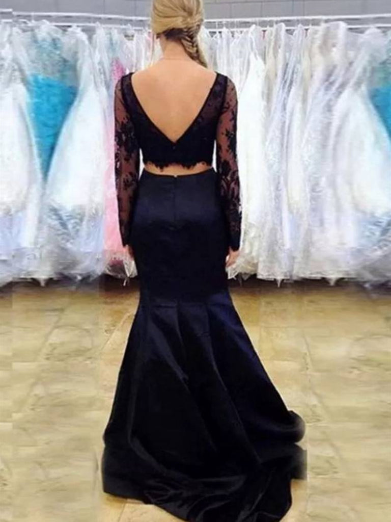 black two piece prom dress long sleeve Black Two Piece Trumpet Sweep Train Long Sleeve Beading Prom Dresses