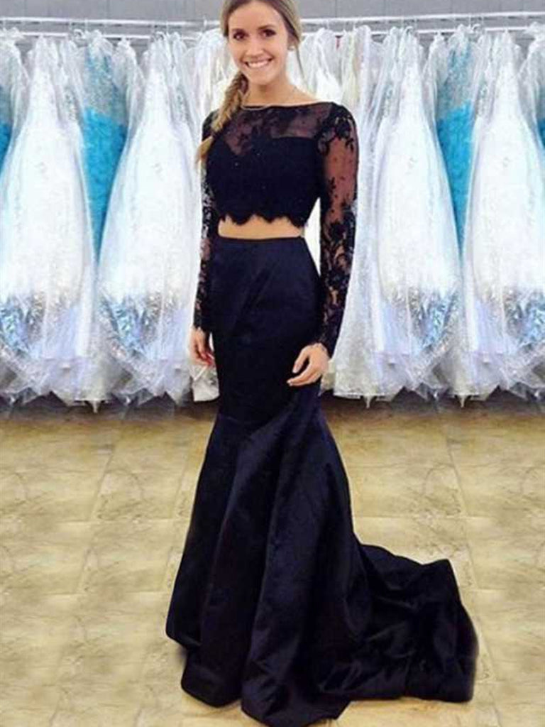 Long Sleeves Mermaid Scoop Neck Two Pieces Lace Black Prom Dresses, Lo Shiny Party Long Sleeves Mermaid Scoop Neck Two Pieces Lace Black Prom Dresses, Lo Shiny Party