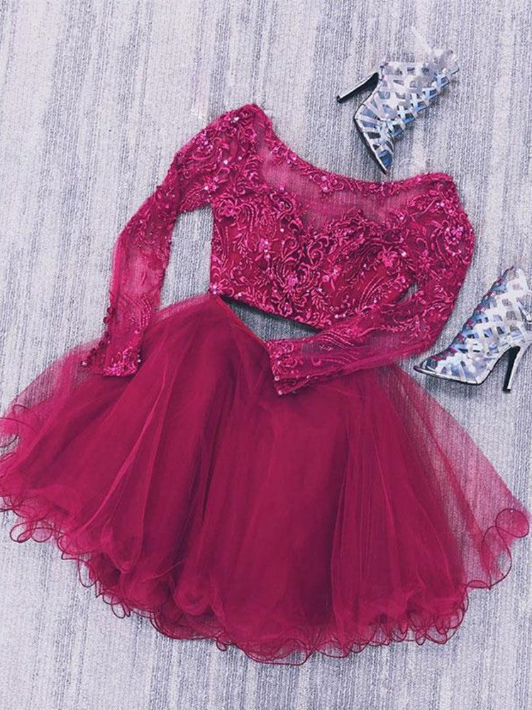 Long Sleeves Two Pieces Lace Beaded Burgundy Homecoming Dresses Short Prom Dresses, Burgundy Lace Formal Dresses, Evening Dresses
