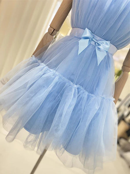 Lovely Short Blue/Burgundy Tulle Prom Homecoming Dresses with Bow, Blue/Burgundy Tulle Formal Graduation Evening Dresses SP2404