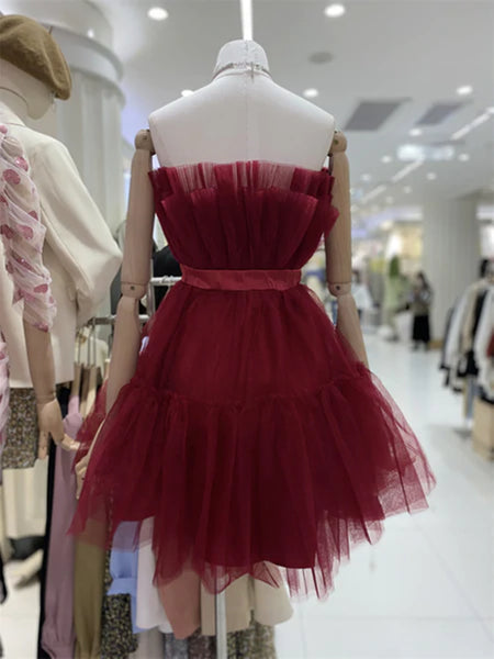 Lovely Short Blue/Burgundy Tulle Prom Homecoming Dresses with Bow, Blue/Burgundy Tulle Formal Graduation Evening Dresses SP2404