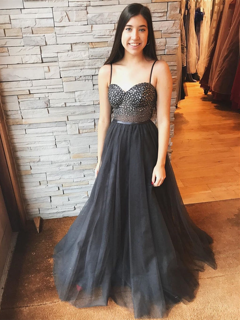 Luxurious Sweetheart Neck Rhinestone Black Long Prom Dresses, Spaghett Shiny Party Luxurious Sweetheart Neck Rhinestone Black Long Prom Dresses, Spaghett Shiny Party