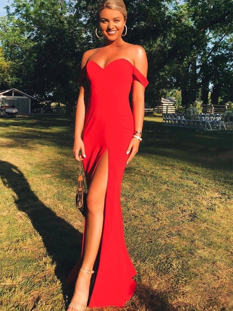 Maxi Off Shoulder Mermaid Long Red Prom Dresses with High Slit, Off Shoulder Red Formal Dresses, Mermaid Red Evening Dresses