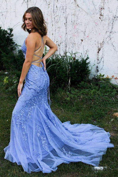 Mermaid Backless Blue Lace Long Prom Dresses, Mermaid Blue Formal Dresses, Blue Lace Evening Dresses SP2286