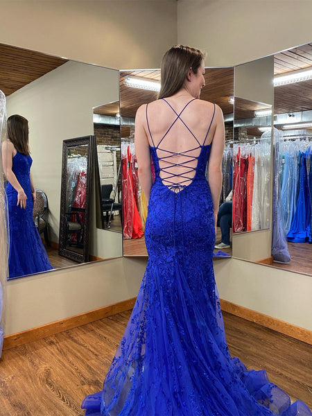 Mermaid Backless Blue Lace Long Prom Dresses, Mermaid Blue Formal Dresses, Blue Lace Evening Dresses SP2311