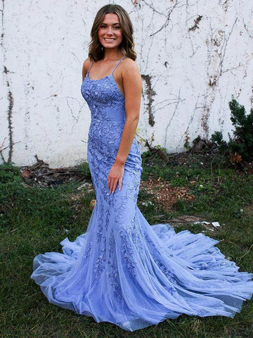 Mermaid Backless Blue Lace Long Prom Dresses, Mermaid Blue Formal Dresses, Blue Lace Evening Dresses SP2286