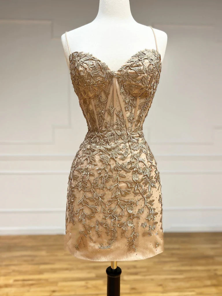 Mermaid Backless Champagne Lace Prom Dresses, Short Champagne Homecomi Shiny Party Mermaid Backless Champagne Lace Prom Dresses, Short Champagne Homecomi Shiny Party