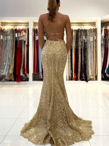 Mermaid Backless Golden Lace Long Prom Dresses, Mermaid Gold Formal Dresses, Golden Lace Evening Dresses